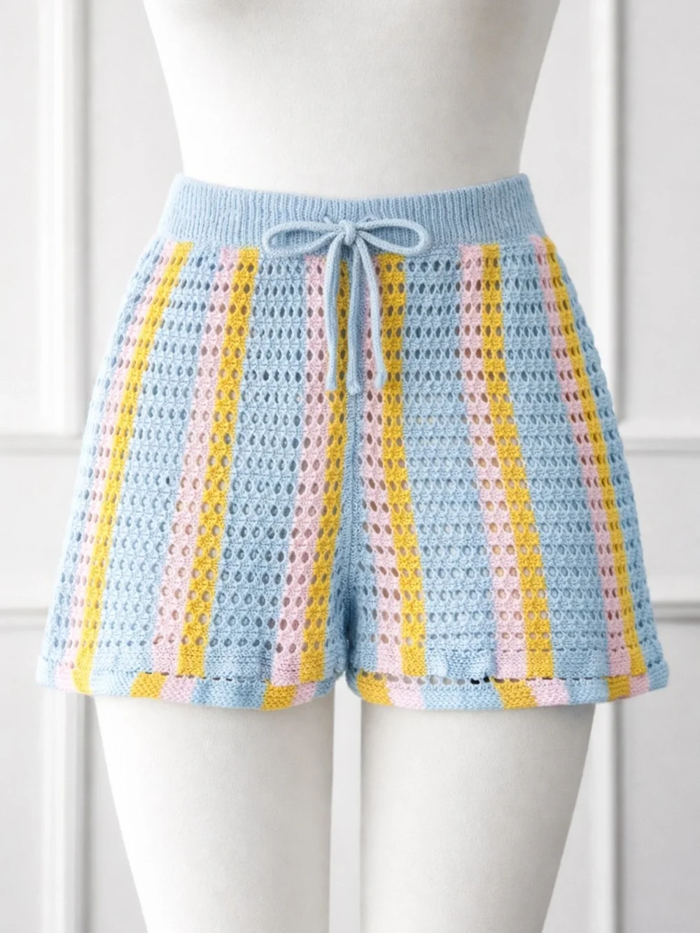 NWT Abound Blue Mustard Boho Open Knit Stripe Crochet Drawstring Shorts